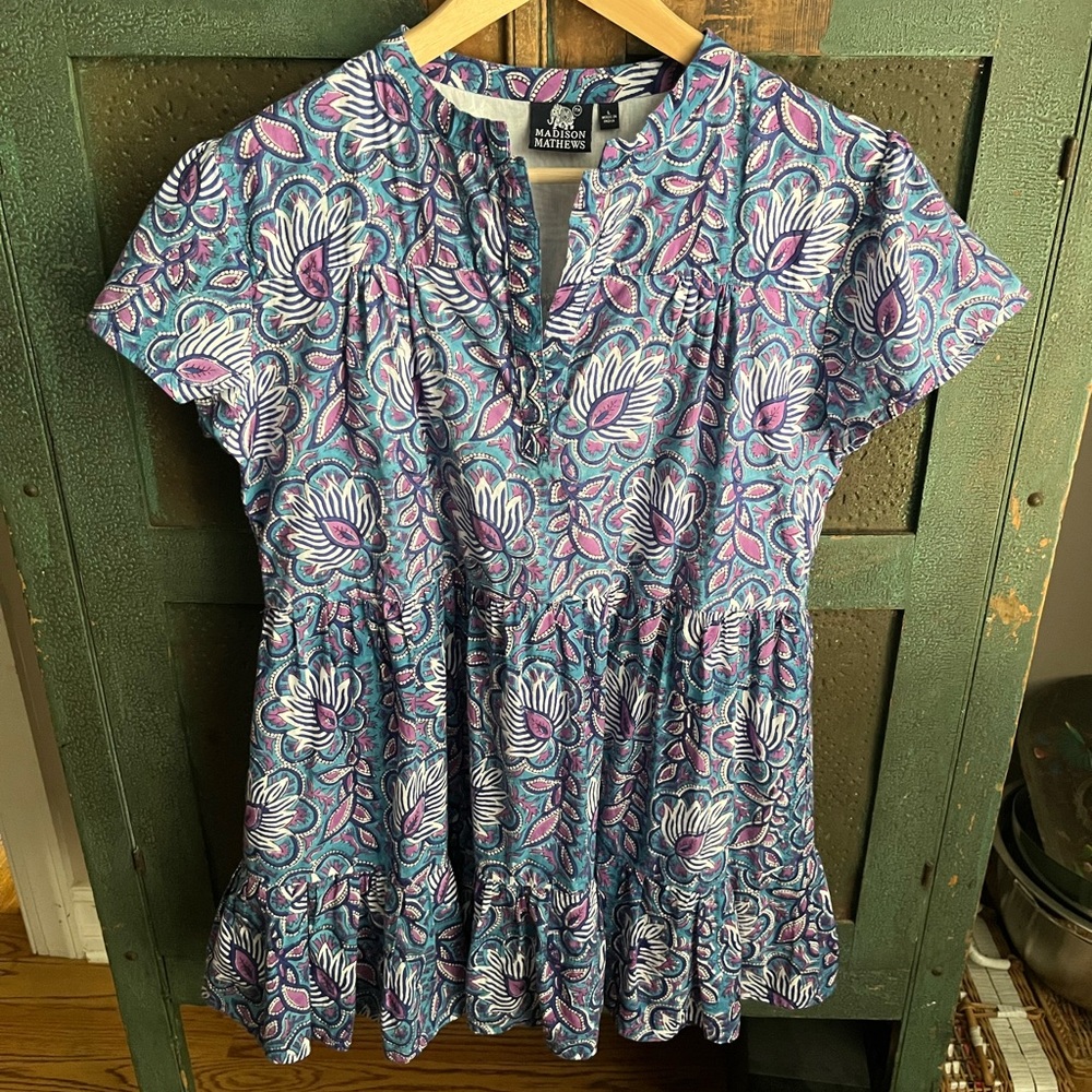 Madison Mathews Blockprint Peplum Tunic Top